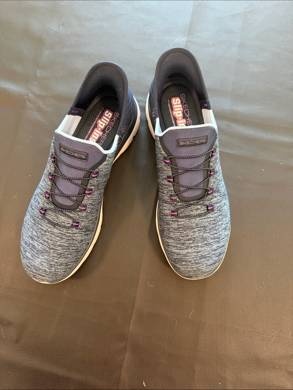 Skechers wimens Slip-On Athletic Sneakers in Heather navy with Purple Highlights